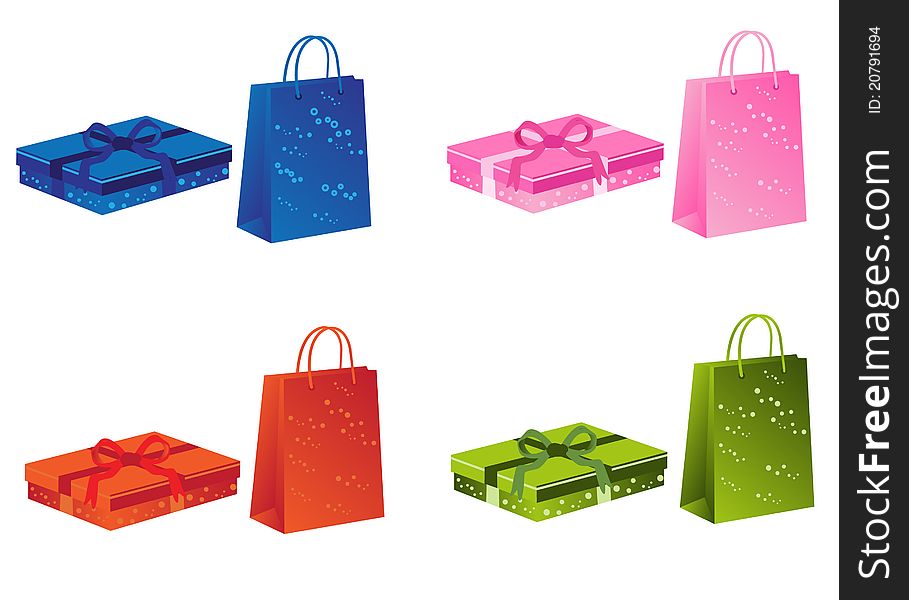 Gift boxes and shopping bags in four colors. Gift boxes and shopping bags in four colors