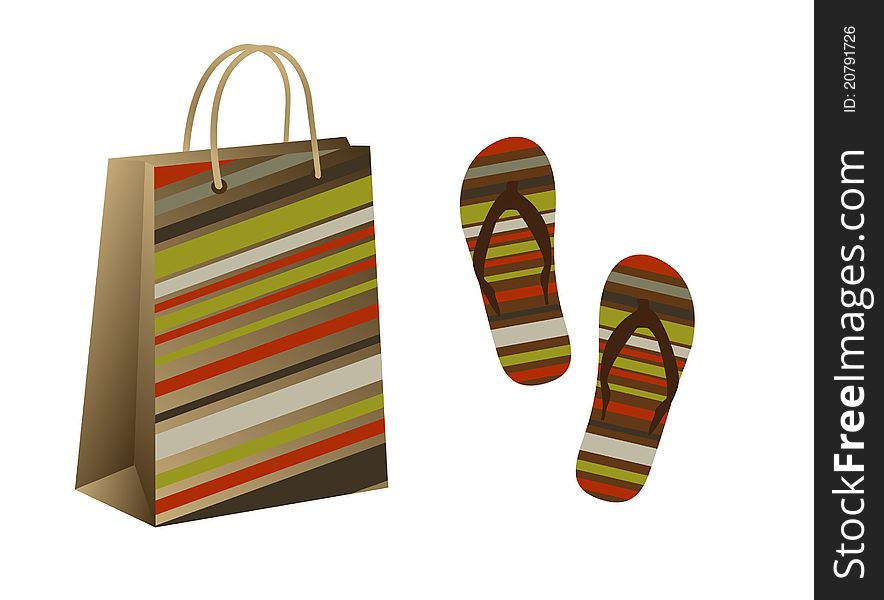 Shopping bag and flip flops with stripes