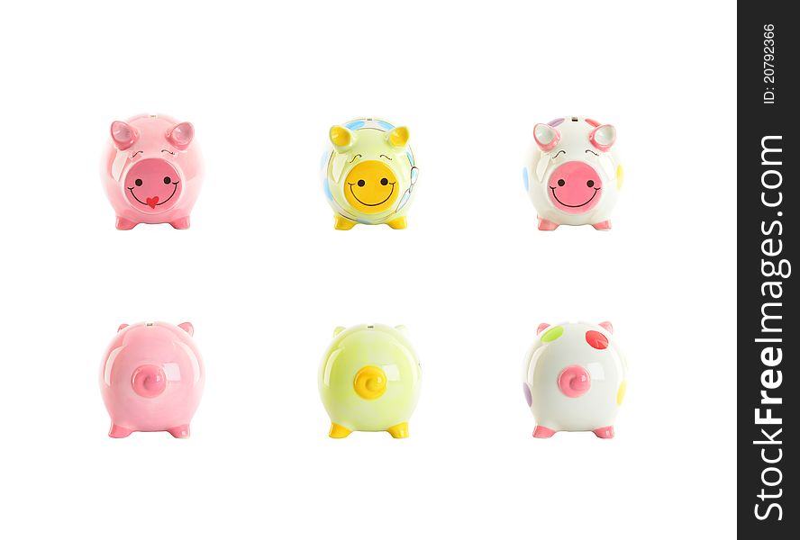 Colorful piggy banks isolated on white background