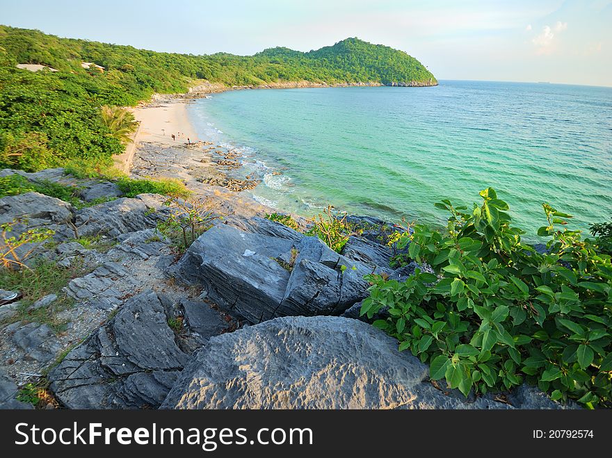 The beach with rock foreground at bay in thailand