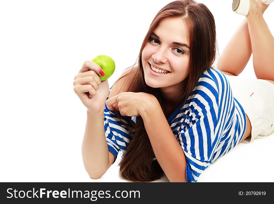 Young happy smiling woman with apple, isolated on white