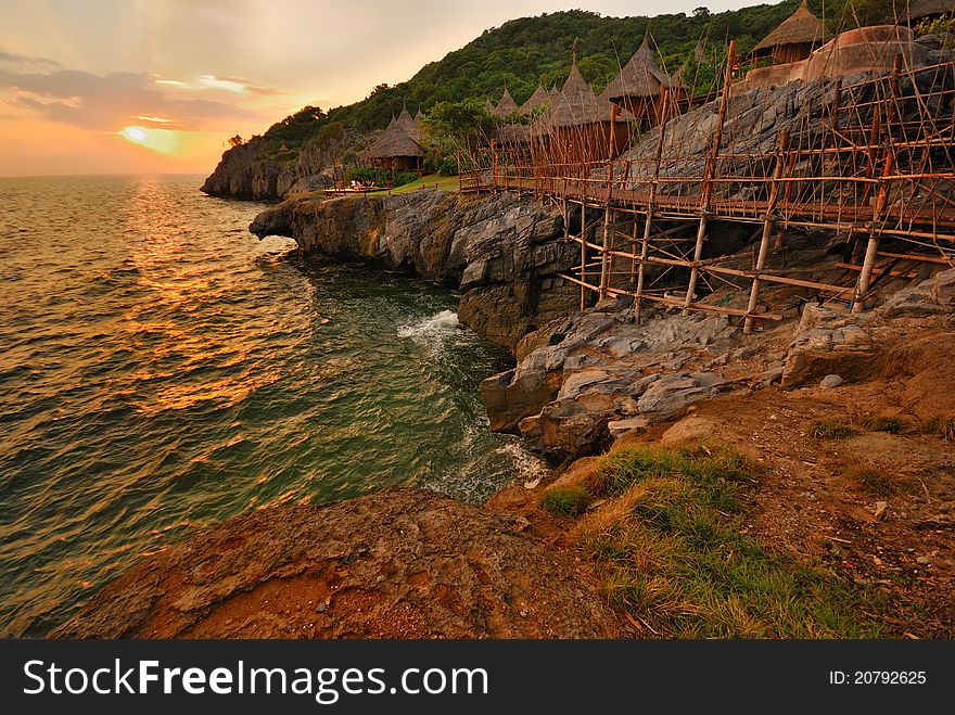 The hut with sunset at bay in thailand island