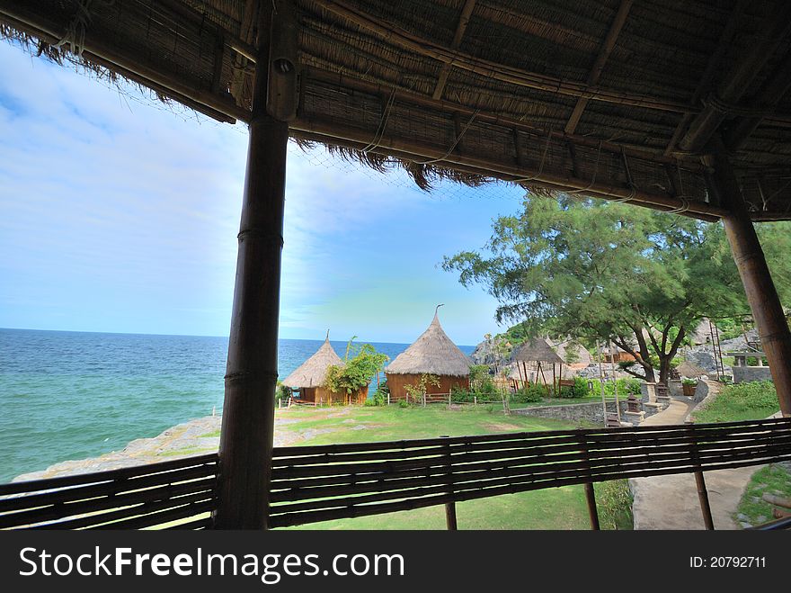 The view form inside hut at bay in thailand island