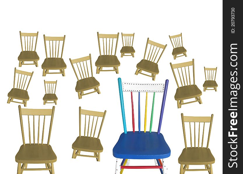 A group of many brown chairs of varying sizes, and one chair painted in a variety of colors.  Concept of â€œstand out in a crowdâ€.  Isolated on white. A group of many brown chairs of varying sizes, and one chair painted in a variety of colors.  Concept of â€œstand out in a crowdâ€.  Isolated on white.