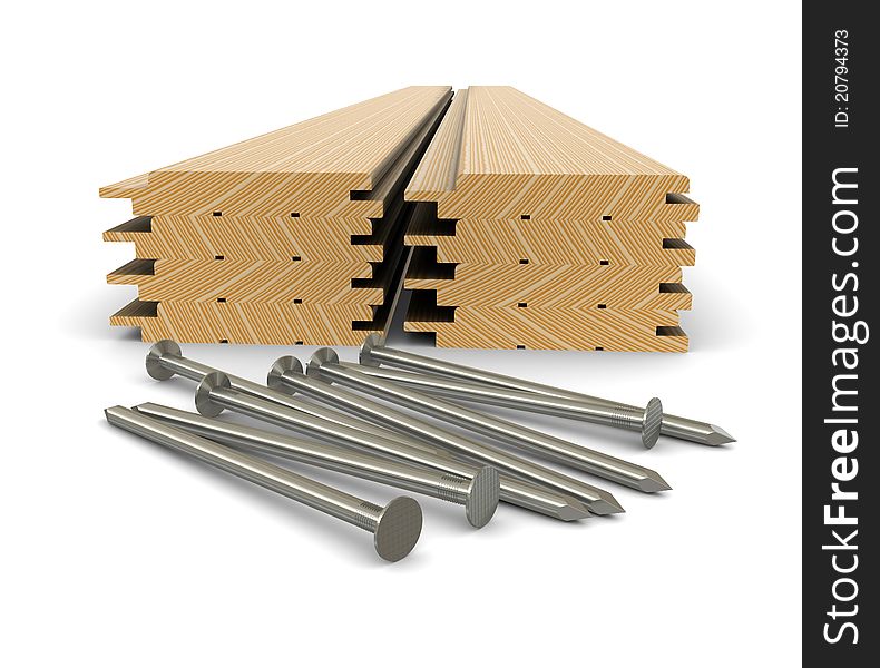 Lumber and nails - material for construction. 3d rendering