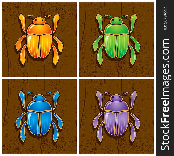 Illustrations of beetles on wooden background