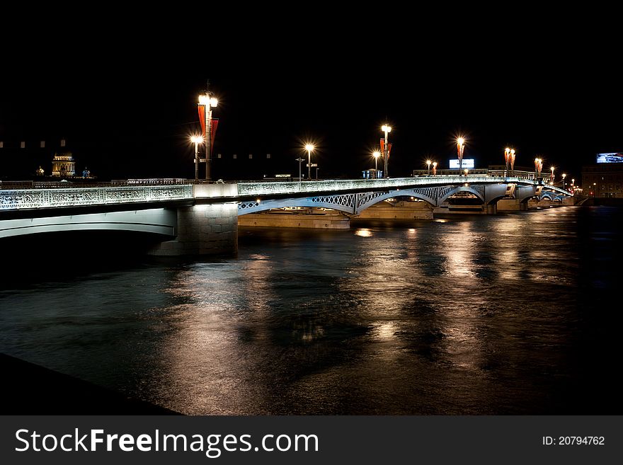 Night St.Petersburg with light bridge, black water and dark sky, post card of the city's view