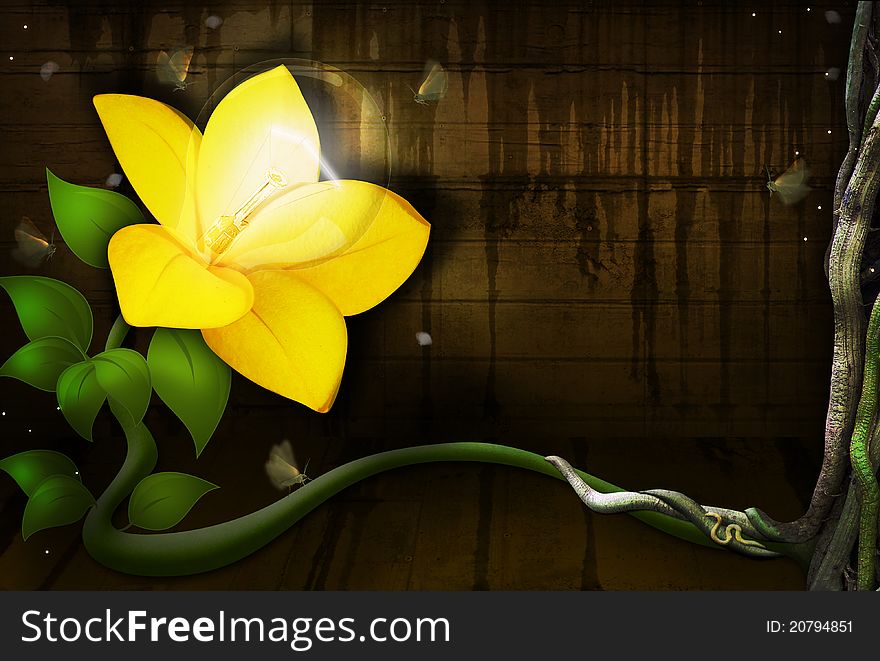 Yellow Flower with a Light Bulb growing and shining, in a wet wood room