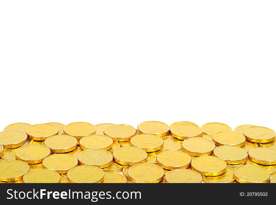 Gold coins of one euro boarder, isolated on white. Gold coins of one euro boarder, isolated on white