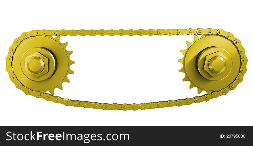Gold chain Transmission: chain and two wheels. 3d rendering