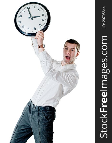 Portrait of a young man holding a clock. Portrait of a young man holding a clock