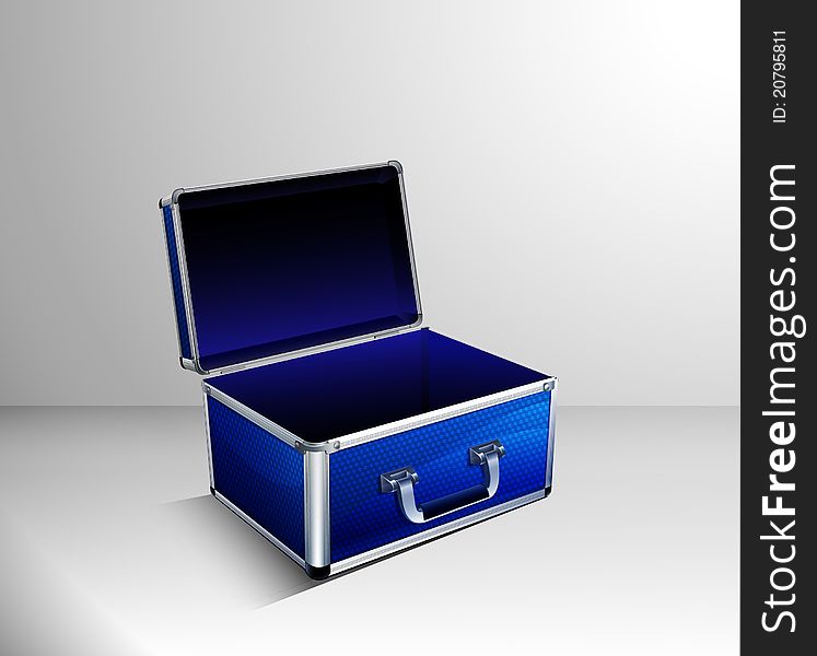 Illustration of blue open case on grey floor