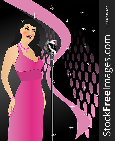 Woman dressed in retro style singing at the microphone, vector format. Woman dressed in retro style singing at the microphone, vector format