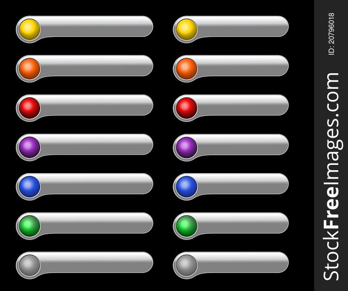 Light gray plastic buttons with colored balls for Web or software interface on black background. Light gray plastic buttons with colored balls for Web or software interface on black background