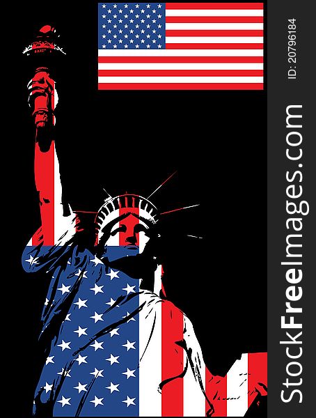 Statue of Liberty, illustration with flag on the black background