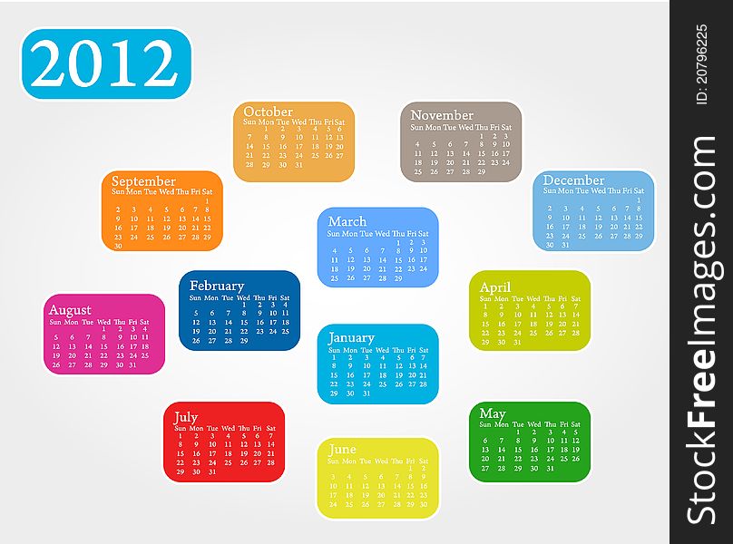 A colored 2012 calendar with January in center. A colored 2012 calendar with January in center