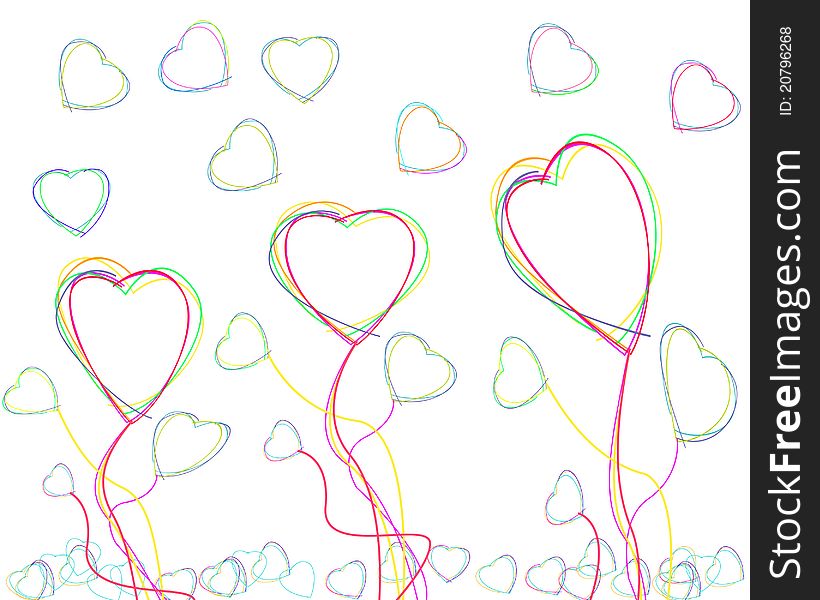 Flying crayon hearts colored different. Flying crayon hearts colored different