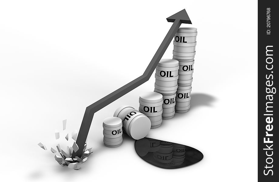 Render of a booming oil graph with oil drums.