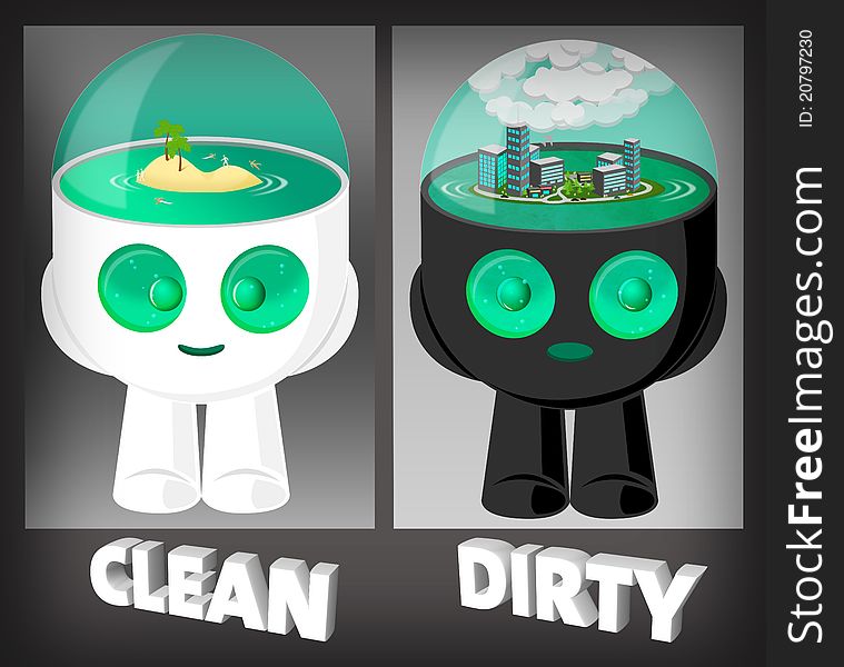 Cute Water head robots illustration with environment clean and dirty in his heads