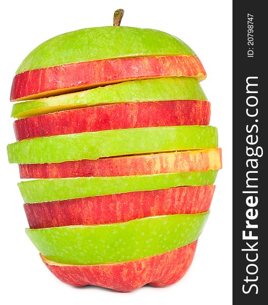 Sliced red and green apples on a white background