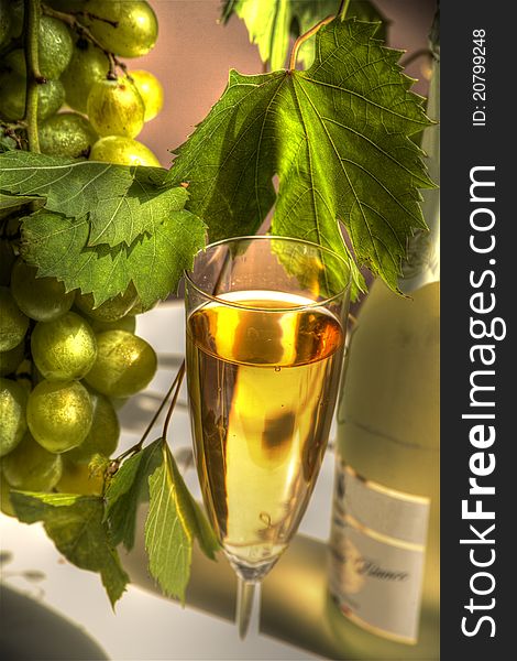 Close-up of champagne in glass,grapes and grapevine. Close-up of champagne in glass,grapes and grapevine.