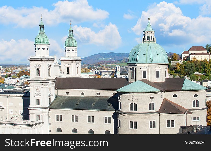 17th century baroque cathedral of the Roman Catholic Archdiocese of Salzburg in the city of Salzburg, dedicated to Saint Rupert of Salzburg. 17th century baroque cathedral of the Roman Catholic Archdiocese of Salzburg in the city of Salzburg, dedicated to Saint Rupert of Salzburg