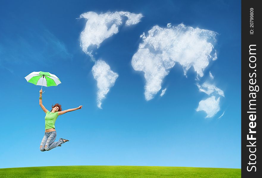 A woman with umbrella on earth background. A woman with umbrella on earth background