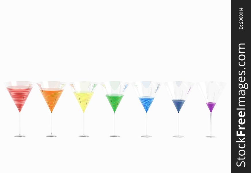 The colours of the rainbow represented by glasses with descending liquids