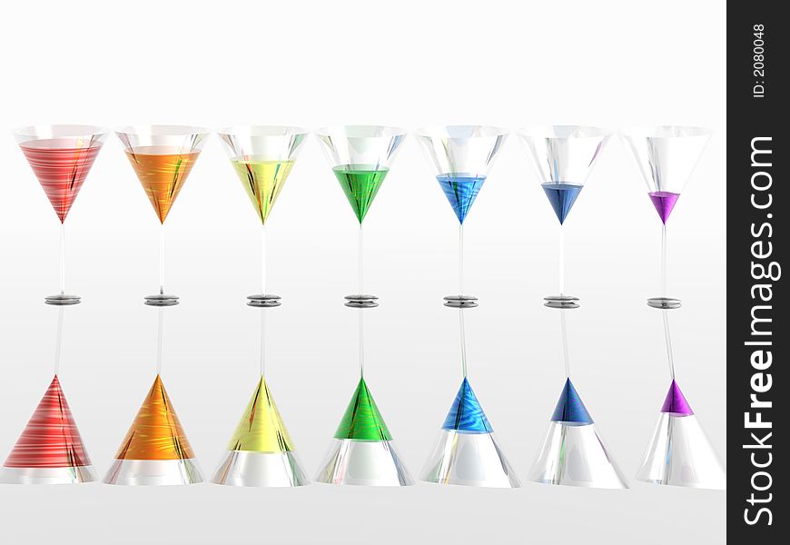 The colours of the rainbow represented by glasses with liquids. Descending and with silver reflection. The colours of the rainbow represented by glasses with liquids. Descending and with silver reflection