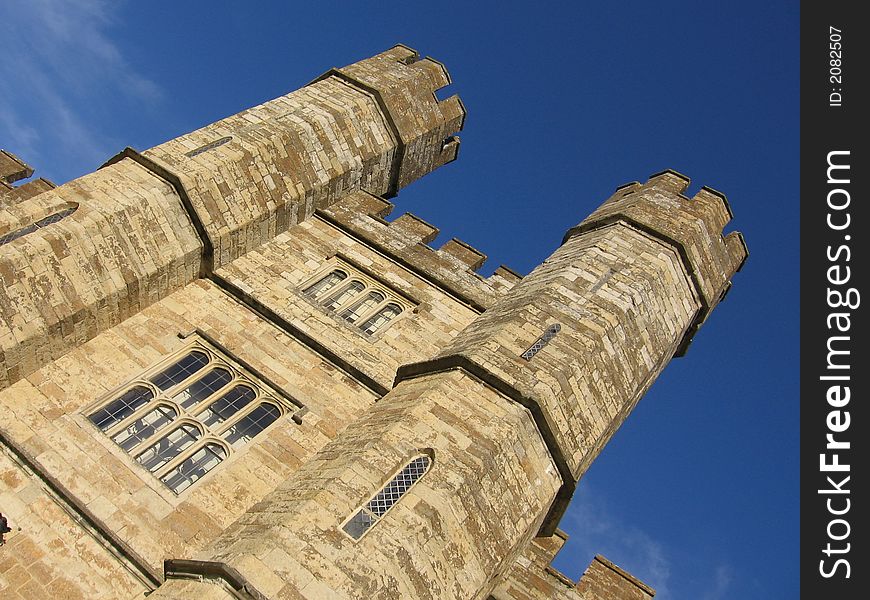 This image depicts a close-up of one of the towers at Leeds Castle, England.