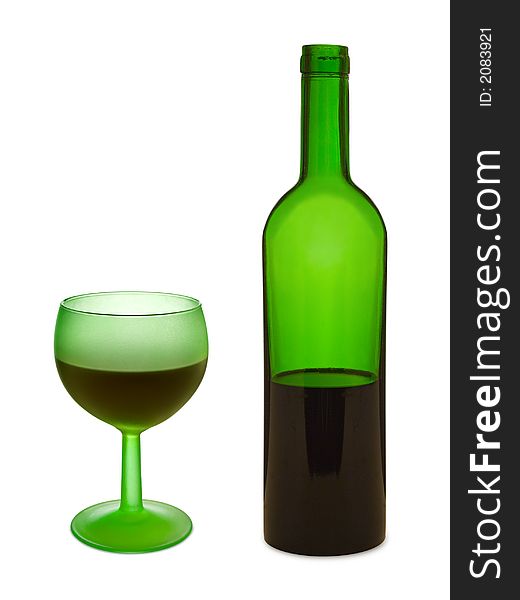 Green glass with red wine and bottle, isolated on white