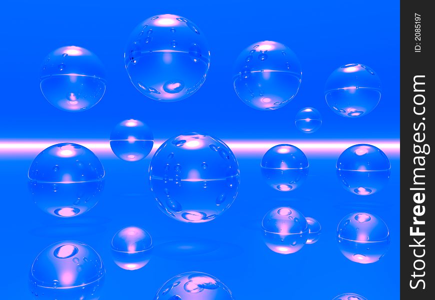 Rising blue balls with reflection on mirror surface - digital artwork. Rising blue balls with reflection on mirror surface - digital artwork.