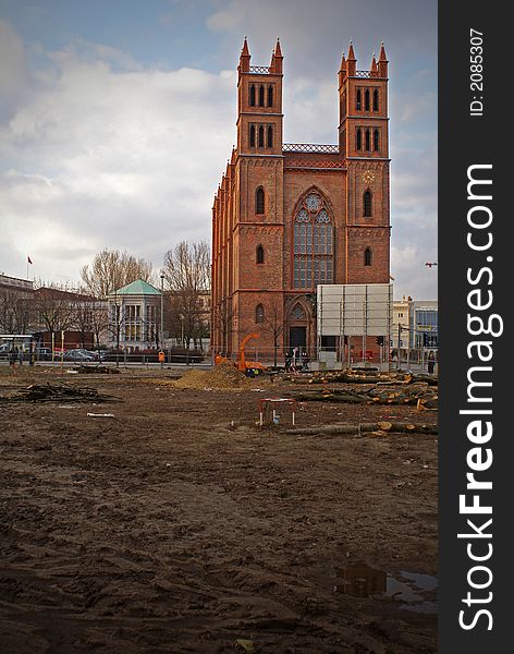 The Werdersche Church in Berlin (now sculpture museum) amid construction sites. The Werdersche Church in Berlin (now sculpture museum) amid construction sites