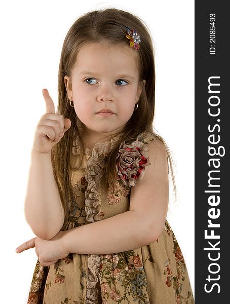 Little girl hand up, white background