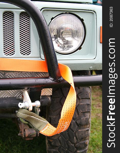Front of an Off Road 4x4 Vehicle showing shackles and strops. Front of an Off Road 4x4 Vehicle showing shackles and strops