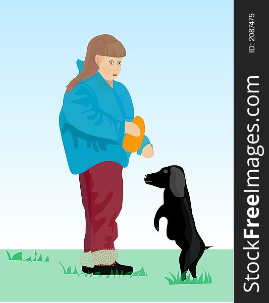 This is an illustration with girl and her black dog. This is an illustration with girl and her black dog.