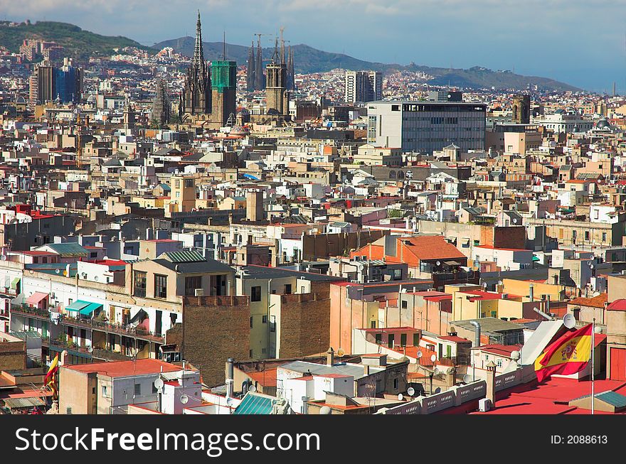 Panorama in Barcelona, Barri Gothic and many roofs