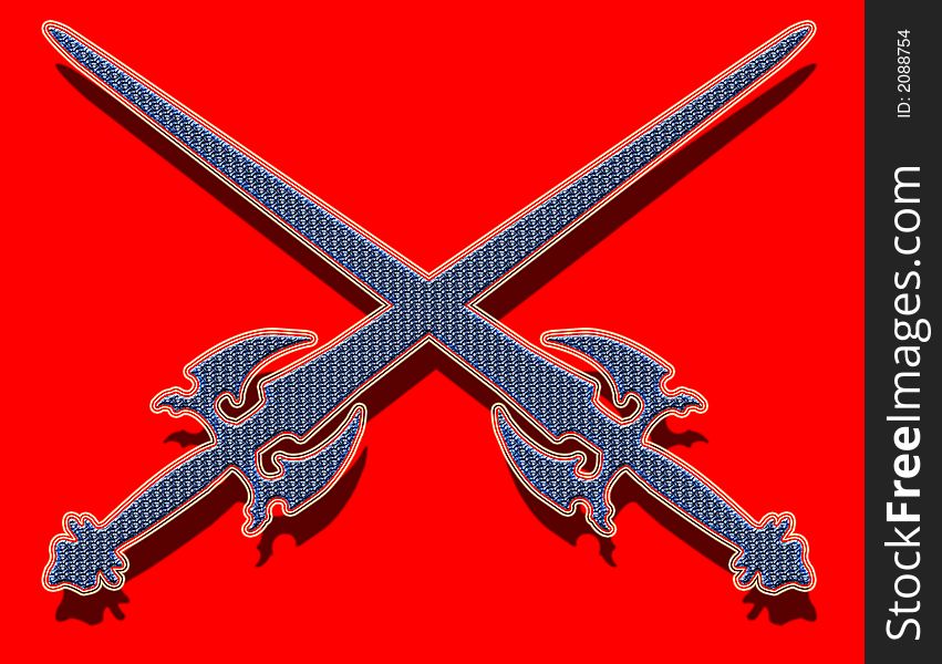 Abstract illustration with blue textured swords on red background. Abstract illustration with blue textured swords on red background