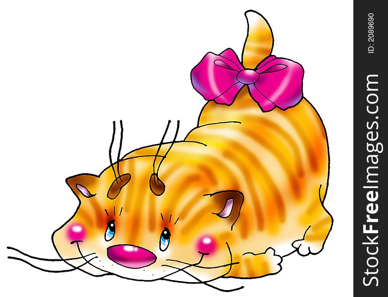 Thick, red, artful, striped cat with a bow on a tail. Thick, red, artful, striped cat with a bow on a tail.