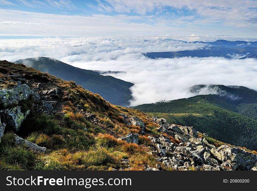 Early morning fog and clouds mountain valley landscape. Early morning fog and clouds mountain valley landscape