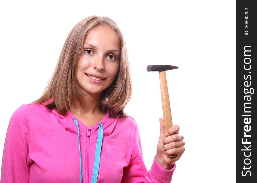 Woman with hammer, on white background