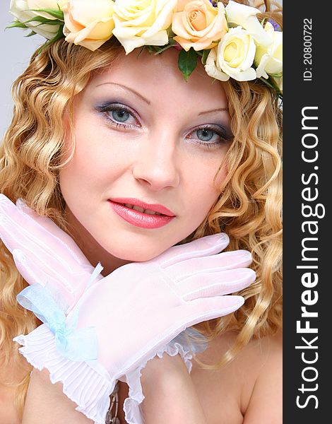 Bride posing in a studio on the wedding day. Bride posing in a studio on the wedding day