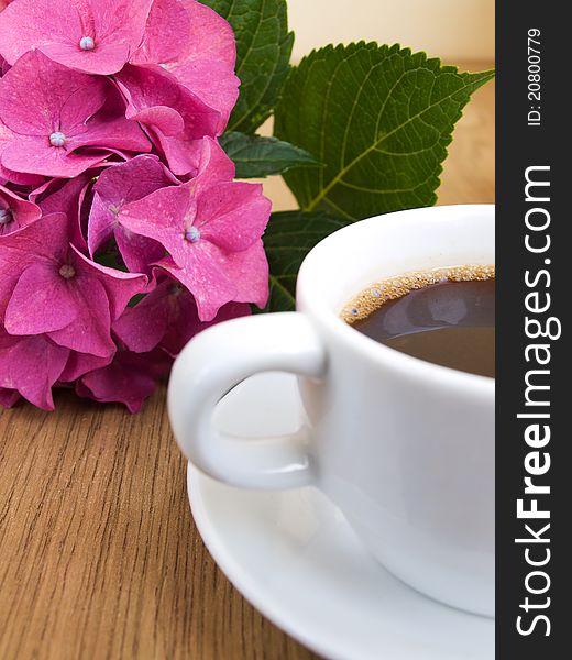 Cup of coffee and pink hydrangea