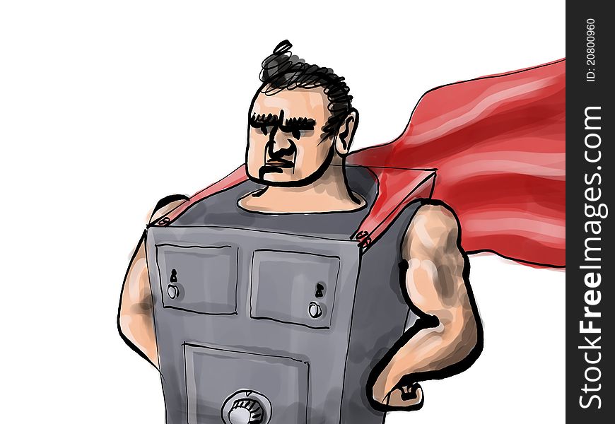 Cartoon image representing safe-man superhero