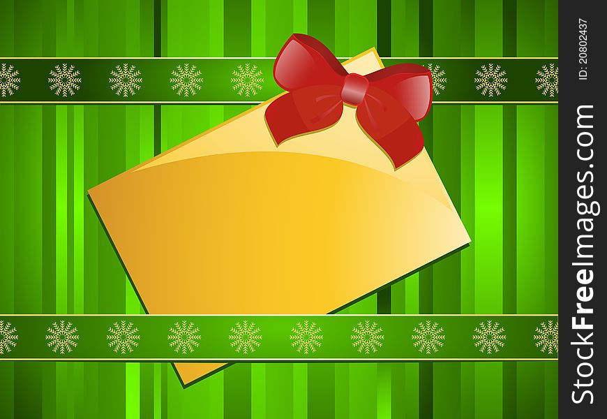 Gold Christmas gift tag with a red ribbon on on a green stripe background with green and gold ribbons. Gold Christmas gift tag with a red ribbon on on a green stripe background with green and gold ribbons