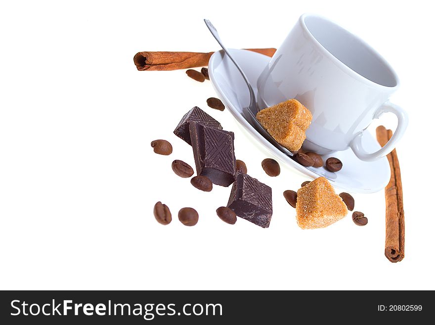 Coffee beans, cup, isolated on white background