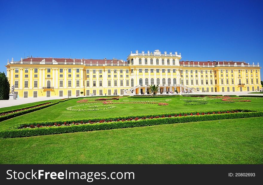 The view of Schonbrunn Palace from the garden in Vienna, Austria. The view of Schonbrunn Palace from the garden in Vienna, Austria