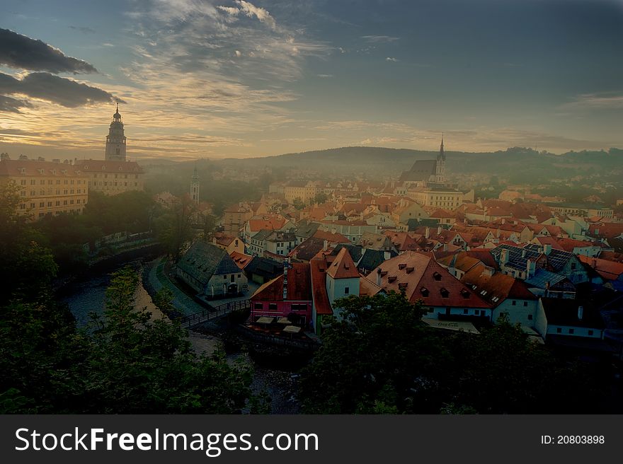 View across the misty historical center of Cesky Krumlov. View across the misty historical center of Cesky Krumlov