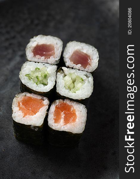 Japanese Food Sushi mix tuna salmon Roll cucumber. Japanese Food Sushi mix tuna salmon Roll cucumber