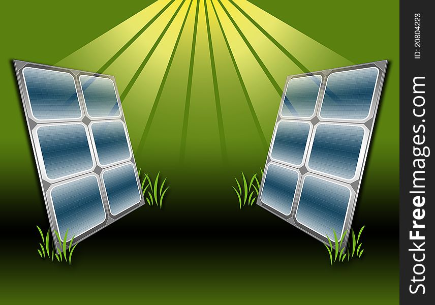 Solar panels and sun sending rays
